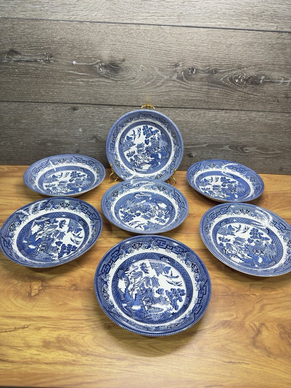Churchill England Blue Willow Pattern 7.75” Flat Soup Pasta Bowls~ Set Of 7